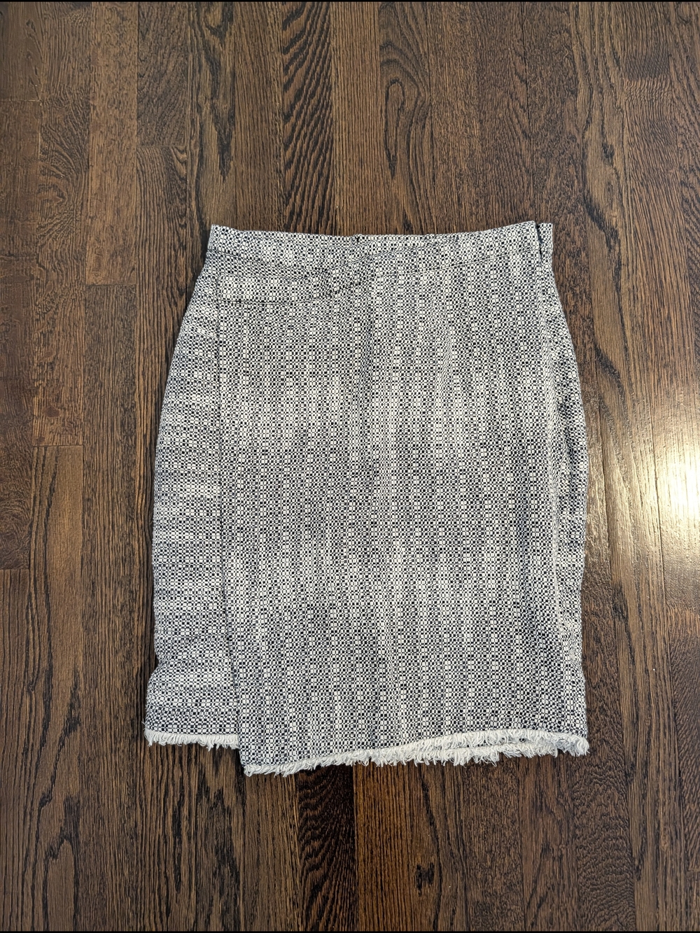 Brooks Brothers Faux Wrap Tweed Skirt with Fringe Hem